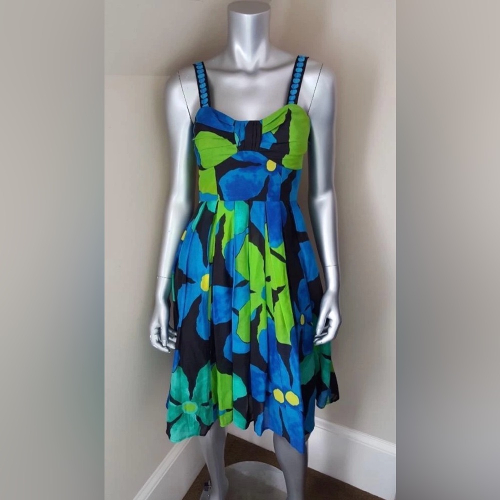 JAX Designer Strapless Dress - Blue and Green Floral Cotton Silk Blend Sundress